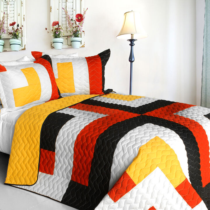 3PC Patchwork Quilt Bedding Set with Vermicelli Stitching Design