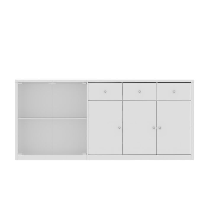 FUFU&GAGA Kitchen Island with Tempered Glass Doors, White Relief Melamine, Silver Knob Handles (78.7"W x 23.6"D x 35.4"H),White