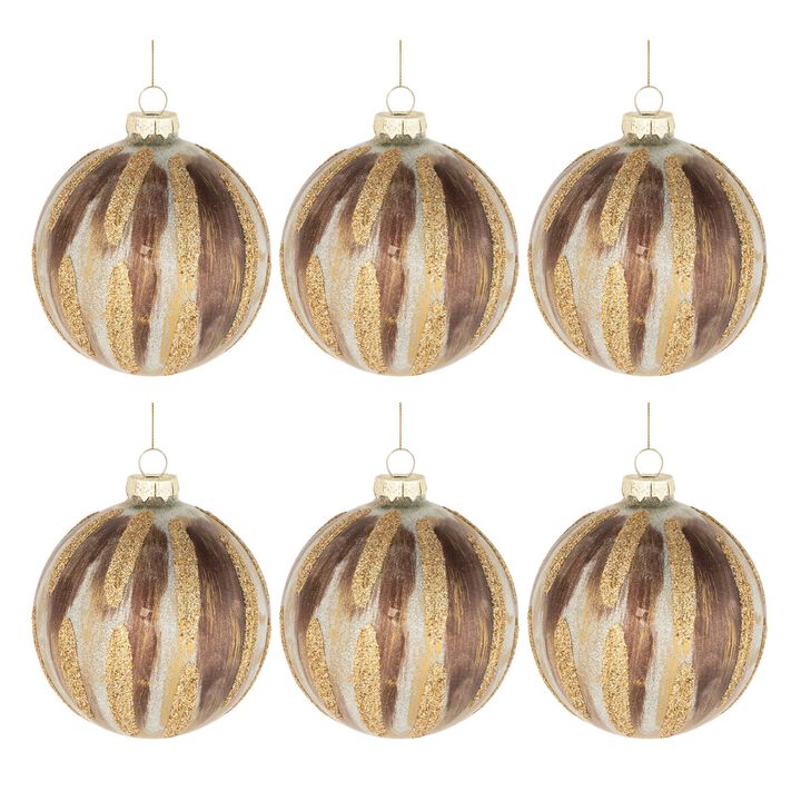 Glittered Glass Ornament Set of 6 Painted Balls for Tree, Garland, or Mantel Styling