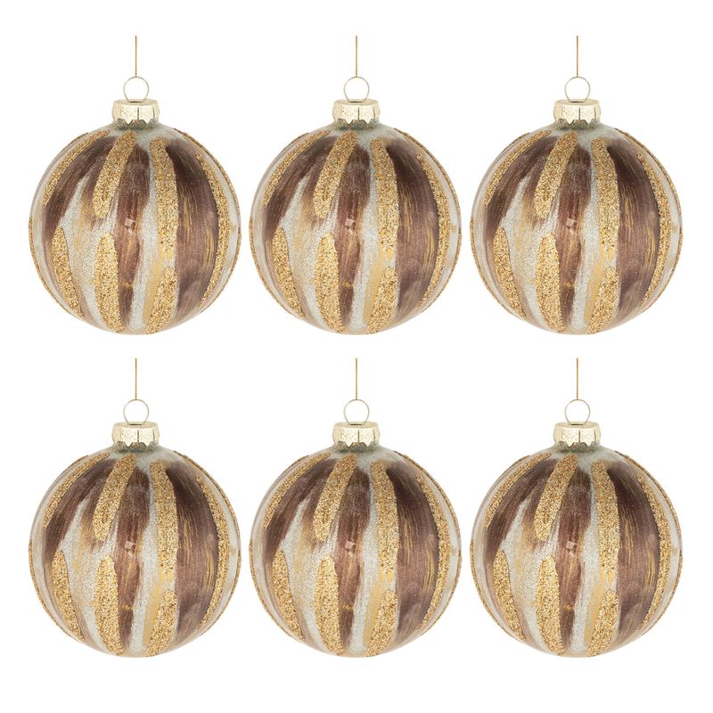Glittered Glass Ornament Set of 6 Painted Balls for Tree, Garland, or Mantel Styling