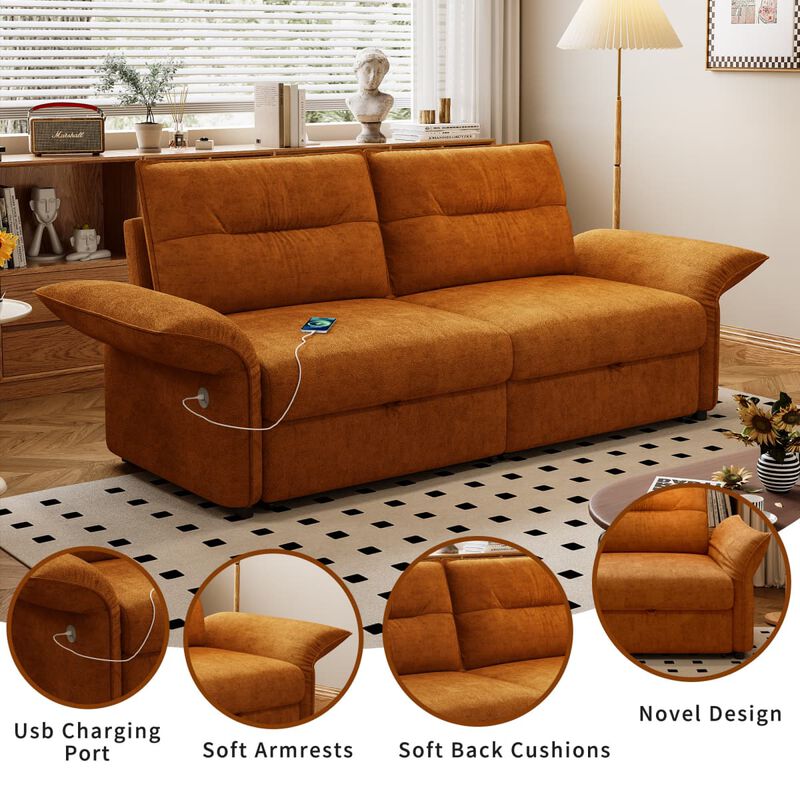 Convertible sleeper sofa bed, Plush fabric pull out futon with USB charging ports, 85 inch sofa bed for small spaces image number 6