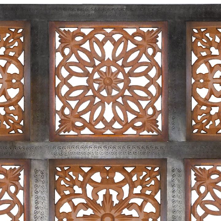 Decorative Mango Wood Wall Panel with Cutout Flower Pattern, Brown-Benzara