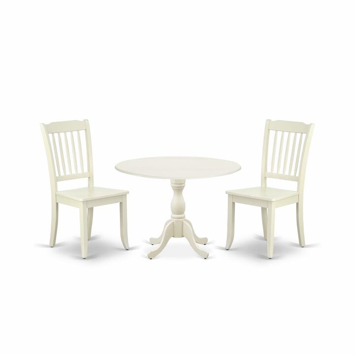 East West Furniture DMDA3-LWH-W 3 Piece Dining Table Set Consists of 1 Drop Leaves Wooden Dining Table and 2 Linen White Mid Century Modern Dining Chairs with Slatted Back - Linen White Finish