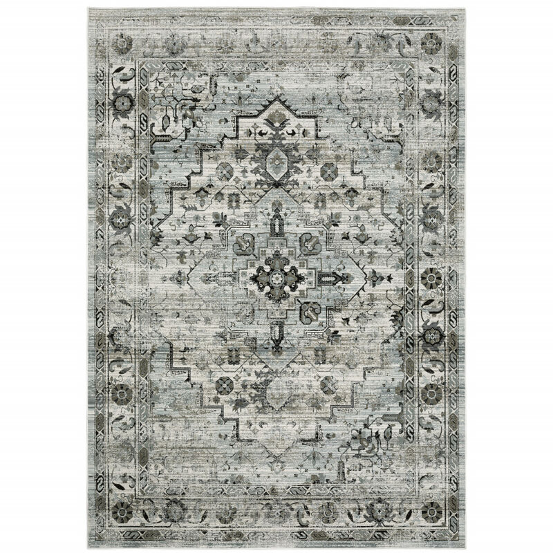 10 X 13 Ivory grey charcoal Blue And Taupe Oriental Power Loom Stain Resistant Area Rug
