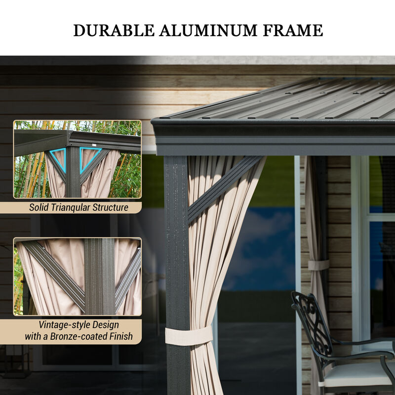 Mondawe Outdoor Wall-Mounted Hardtop Gazebo Aluminum Frame Galvanized Steel Roof Sunroom with Curtains and Netting