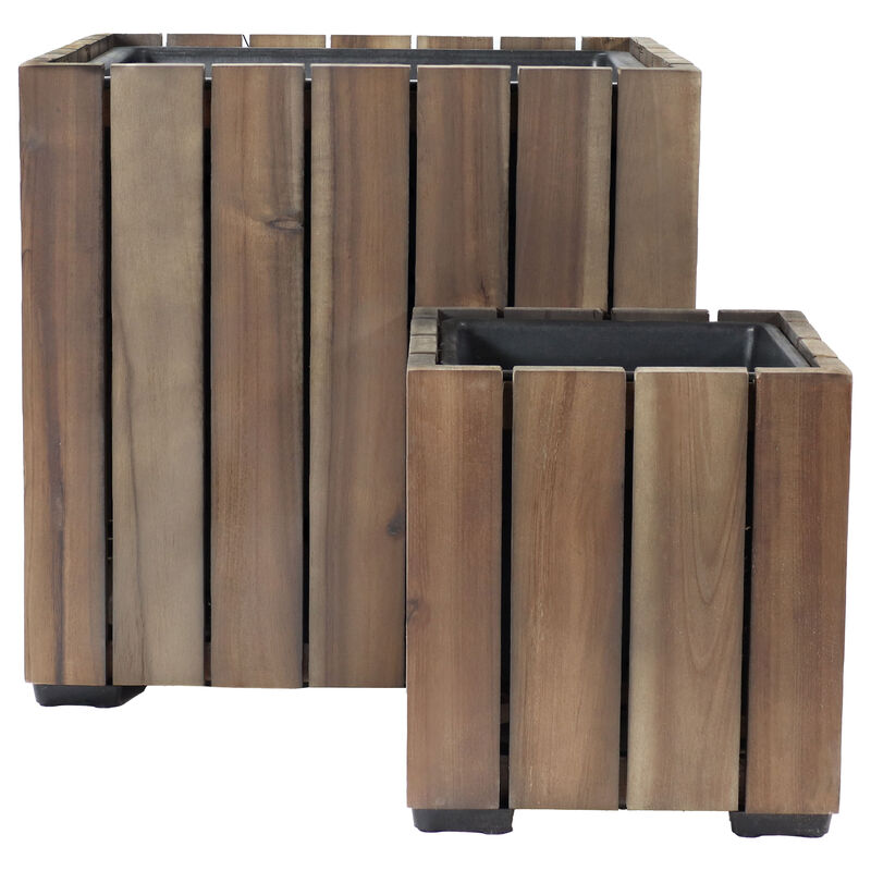 Sunnydaze 2-Piece Acacia Square Planter Boxes with Liners