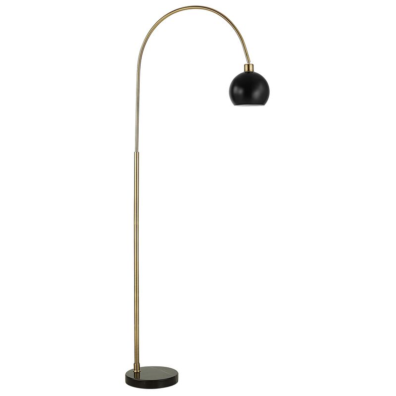72 Inch Arc Floor Lamp, Black Metal Shade, Marble Foot, Antique Brass - Benzara