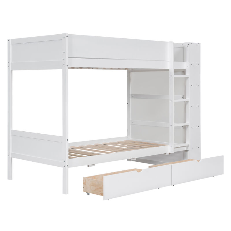 Twin Over Twin Bunk Bed With 2 Drawers And Multilayer Cabinet, White