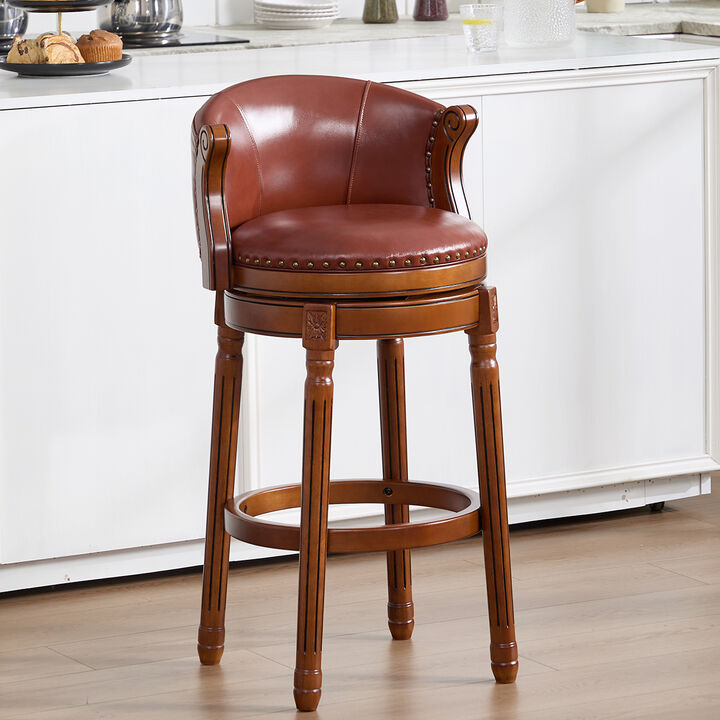 TATEUS Cowhide Leather Bar Height Stools 360 Swivel, Wooden Counter Height Chairs