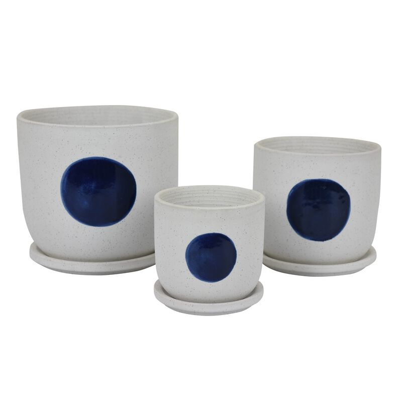 Meon 3pc Garden Planter Set, Textured White and Blue Ceramic Design - Benzara
