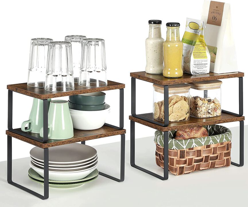 Set of 4 Stackable Cabinet Shelf Organizers - Metal and Particleboard Kitchen Counter Shelves, Expandable
