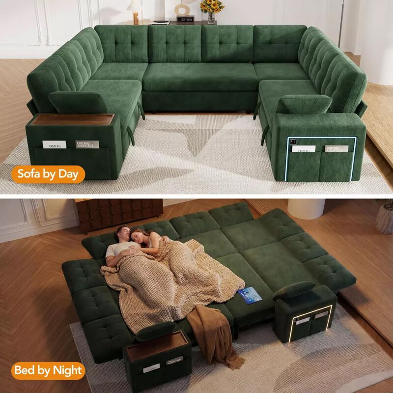 Vipbear 112" U-Shaped 8-Seat Modular Chenille Sectional Sleeper Sofa, Pull Out Bed Reclining Couch image number 6