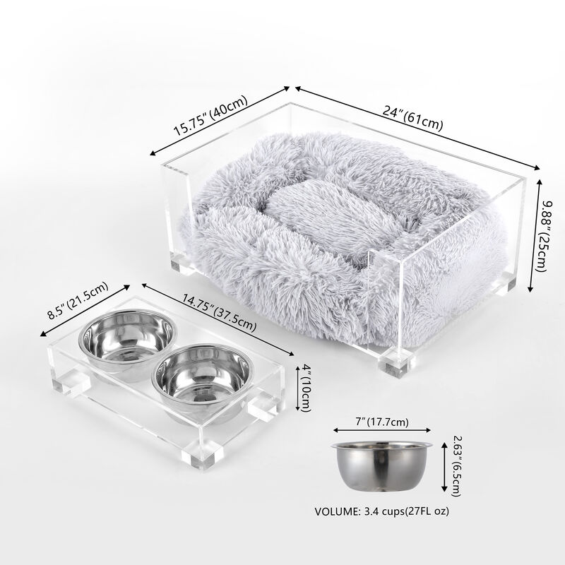 Billie Small Modern Lucite Calming Fluffy Pet Bed with Washable Cushion and Elevated Pet Feeder with 2-Stainless Steel Bowls (Set of 2)