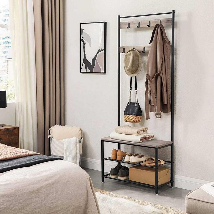 Hivvago Modern Industrial Black Grey Entryway Coat Rack Shoe Bench with 2 Shelves
