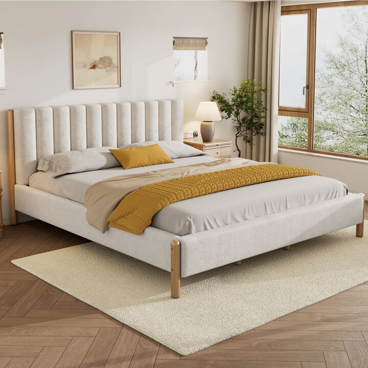 Christopher Knight Home Edana Modern Wood Boucle Platform Bed with Vertical Stripes Headboard