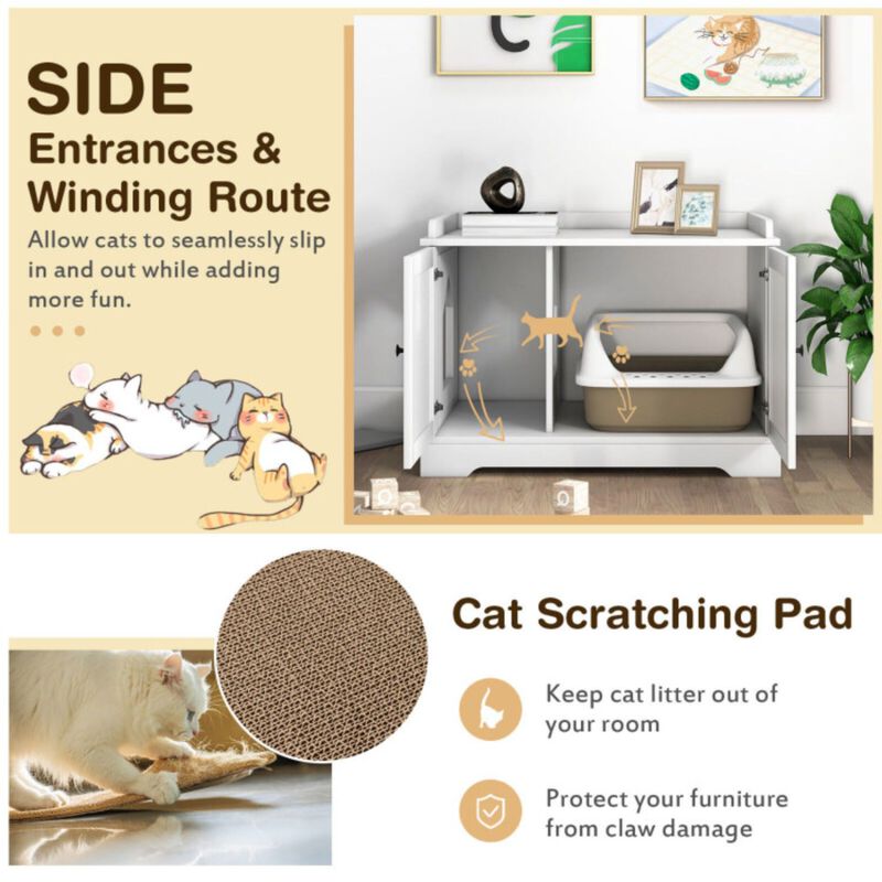 Wooden Cat House with Scratching Pad and Adjustable Divider