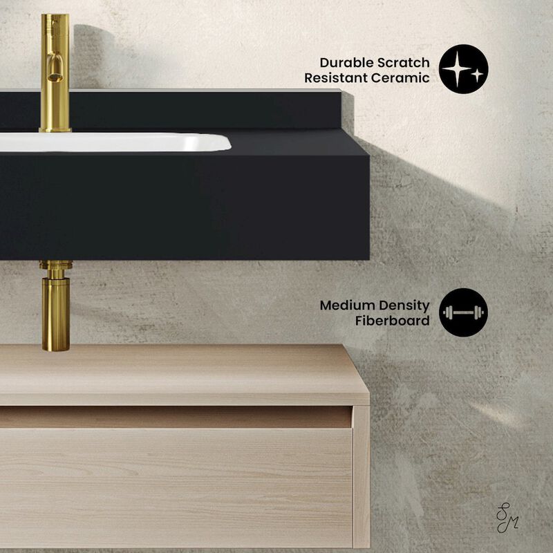 Avancer 36" Wall-Mounted Bathroom Vanity in White Oak with Black Marble Sink Top image number 3