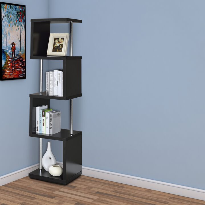 Well made Four Tier Wood And Metal Bookcase, Black-Benzara