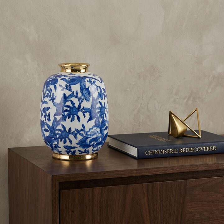 HomeRoots 11" Blue White And Gold Chinoiserie Floral Porcelain Table Vase
