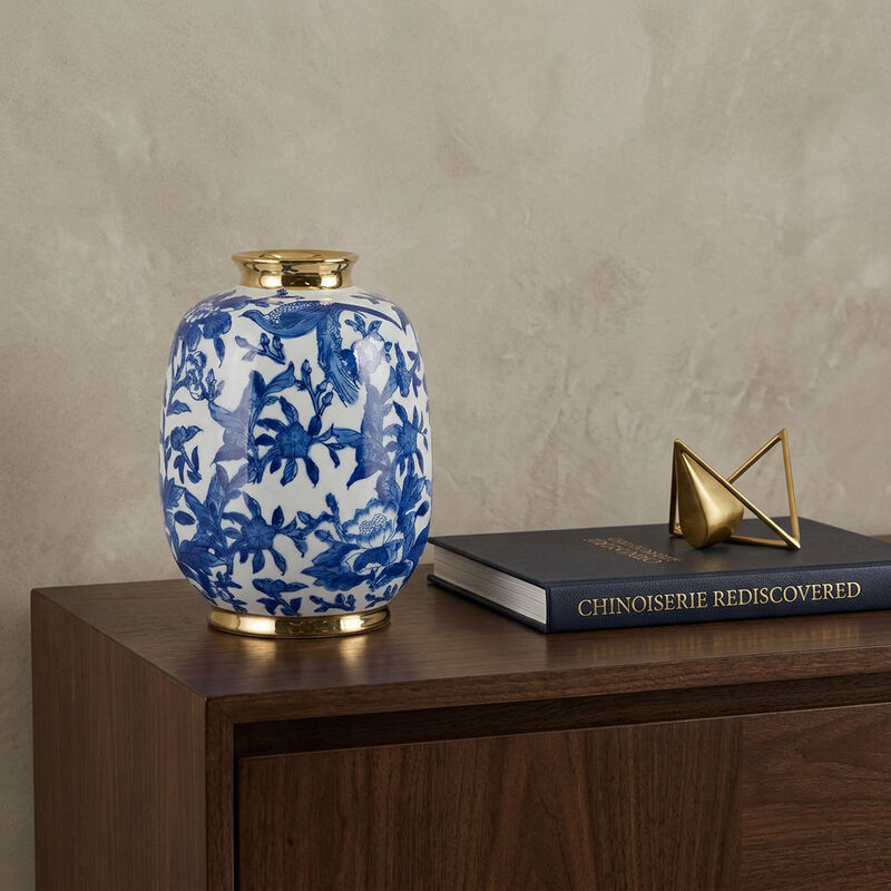 HomeRoots 11" Blue White And Gold Chinoiserie Floral Porcelain Table Vase image number 1