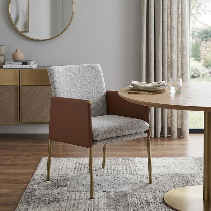 HomeRoots Light Gray And Antiqued Brass Upholstered Fabric Dining Arm Chair image number 1