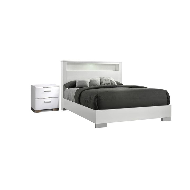 2pc King Bedroom Set, White, Silver Wood, Nightstand