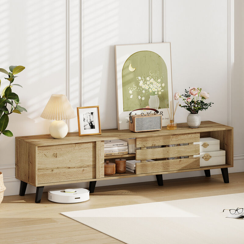 Modern TV Stand for TVs with Sliding Door Cabinets and Shelves-Oak image number 6