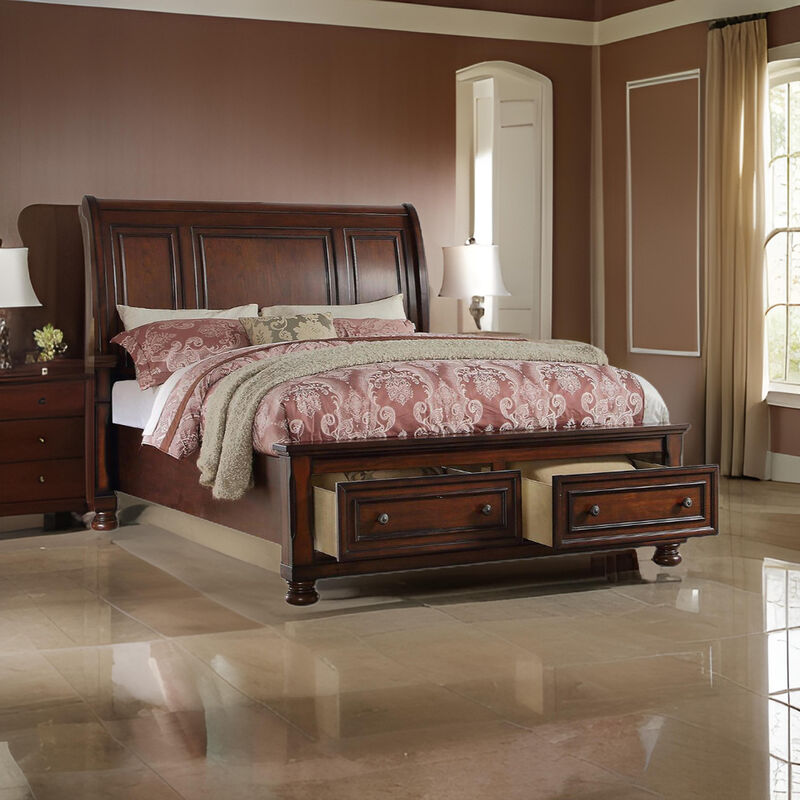 Splendid Wooden Queen Bed, Antique Cherry Finish - Benzara