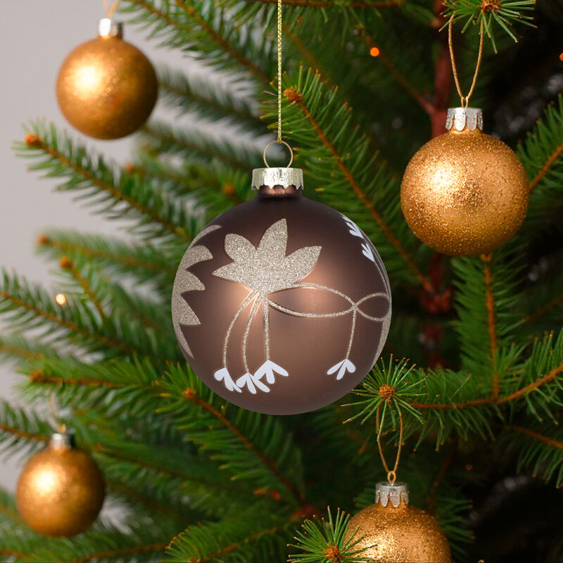Glittered Flower Vine Glass Christmas Ball Ornaments - 3" (75mm) - Bronze - 4ct image number 2