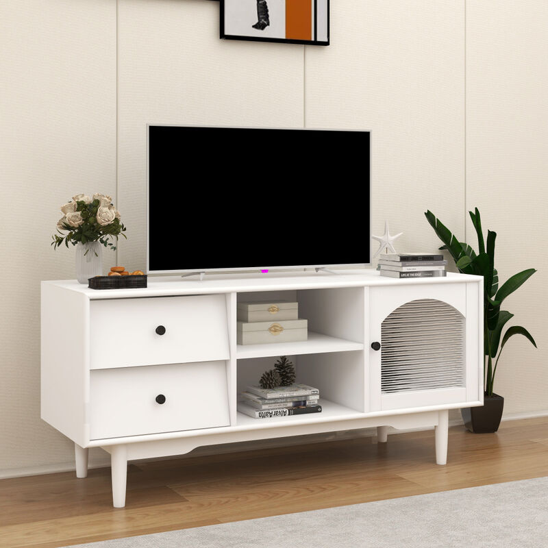 Living Room White TV Stand with Drawers and Open Shelves, A Cabinet with Glass Doors for Storage