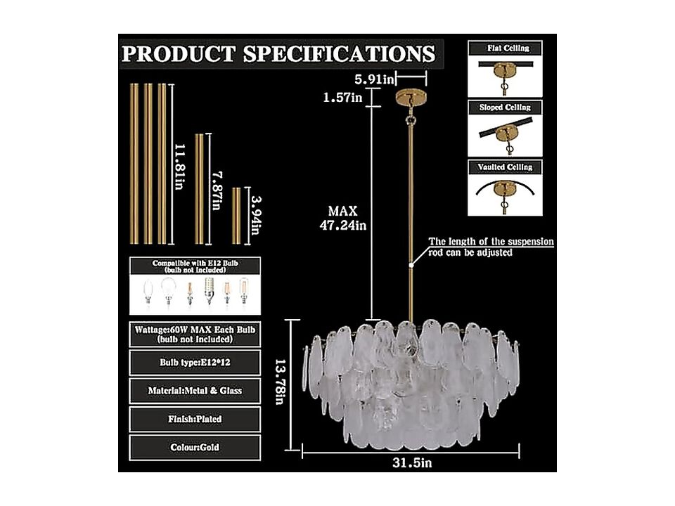 Modern Large Crystal Glass Chandelier 31 Inch Gold Luxury Hanging Pendant Light