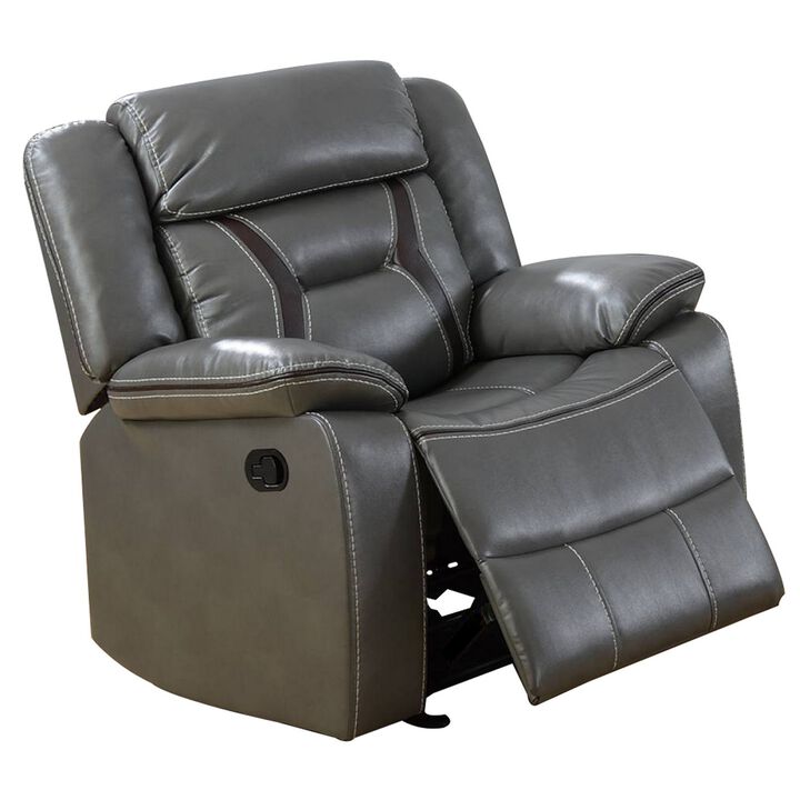37 Inches Leatherette Glider Recliner with Pillow Arms, Gray - Benzara
