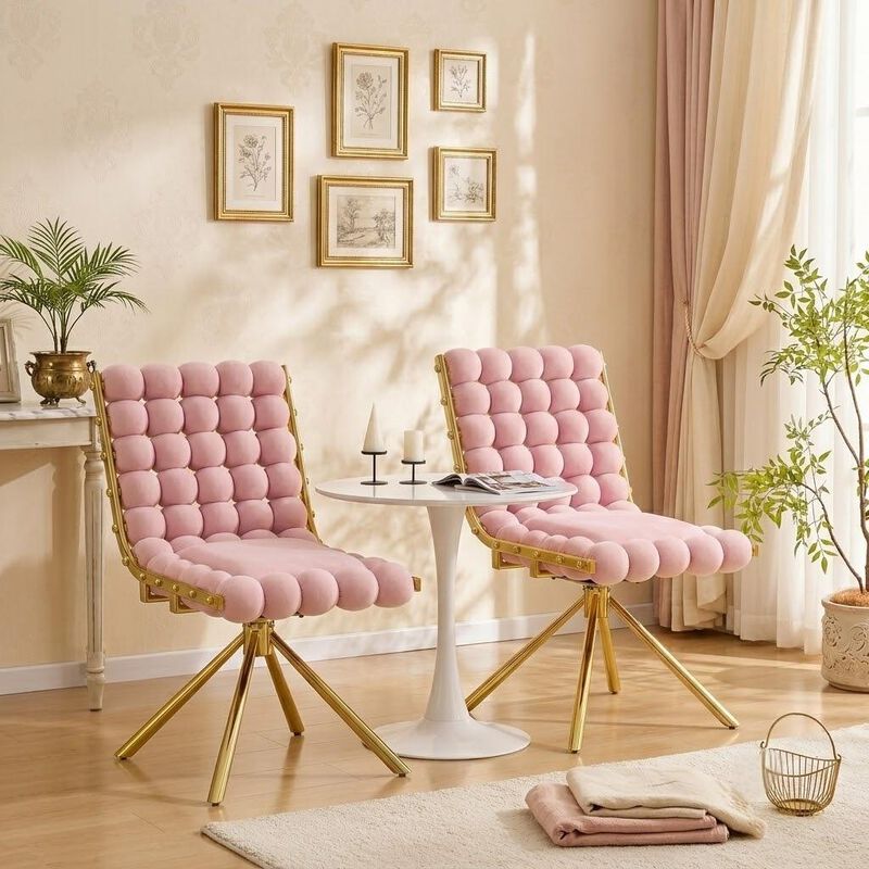 GOODSILO Set of Two Modern Tufted Puffy Bubble Velvet Dining Accent Swivel Chairs with Metal Legs for Dining Room and Kitchen image number 2