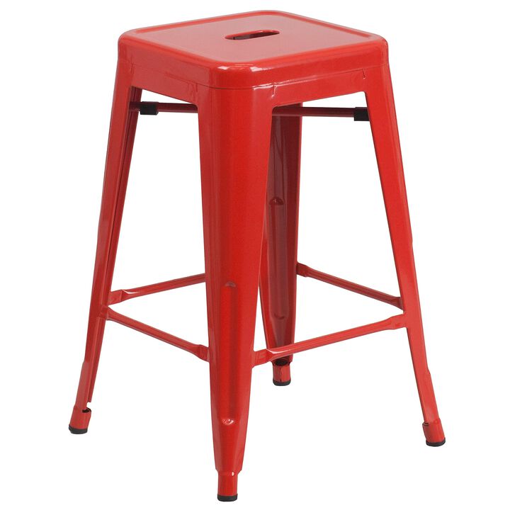 Flash Furniture Kai Commercial Grade 24" High Backless Red Metal Indoor-Outdoor Counter Height Stool with Square Seat