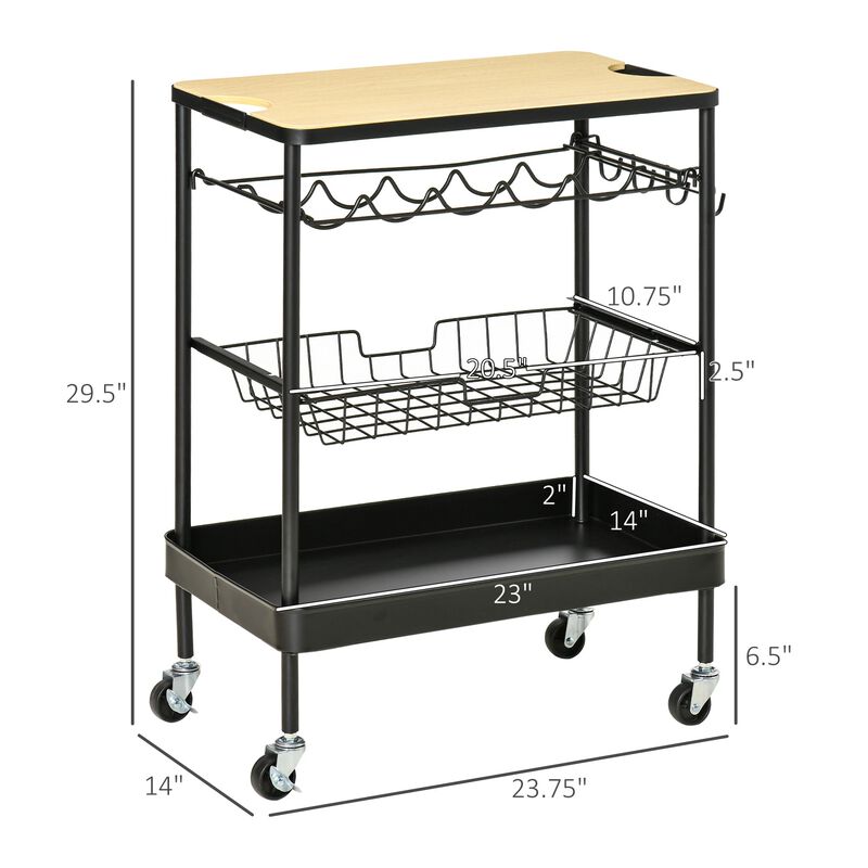Rolling Kitchen Cart, 3-Tier Utility Storage Trolley with Wine Rack, Mesh Drawer & Side Hooks for Dining Room