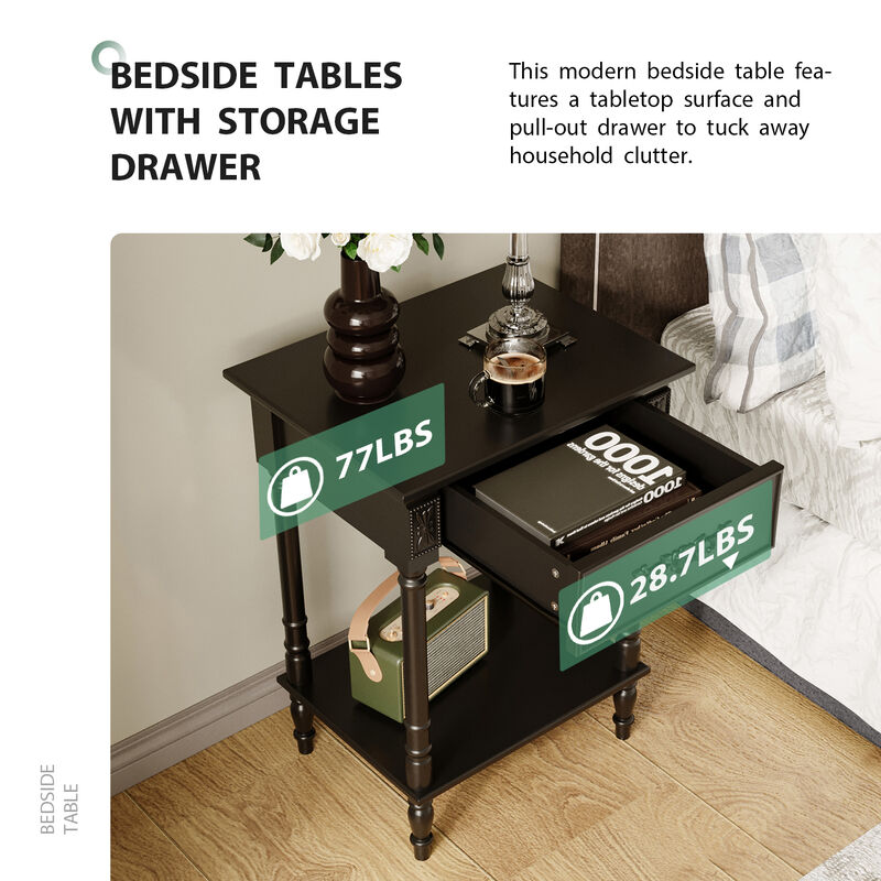 FUFU&GAGA Vintage Bedside Cabinet with Drawer Open Shelf Solid Wood Legs and Black Paint Finish 19.7''L × 15.7''W × 27''H