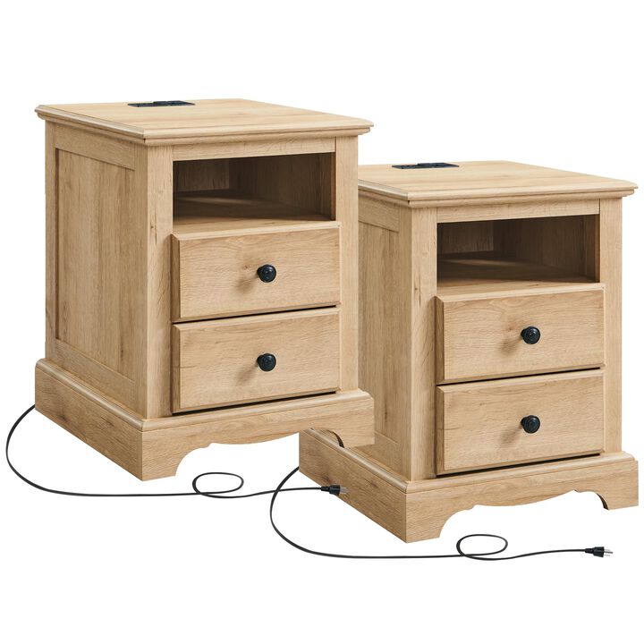 T4TREAM Nightstand with Charging Station Set of 2, Wood Rustic Sofa Side Table with Open Storage Shelf for Bedroom, 18 Inch Vint