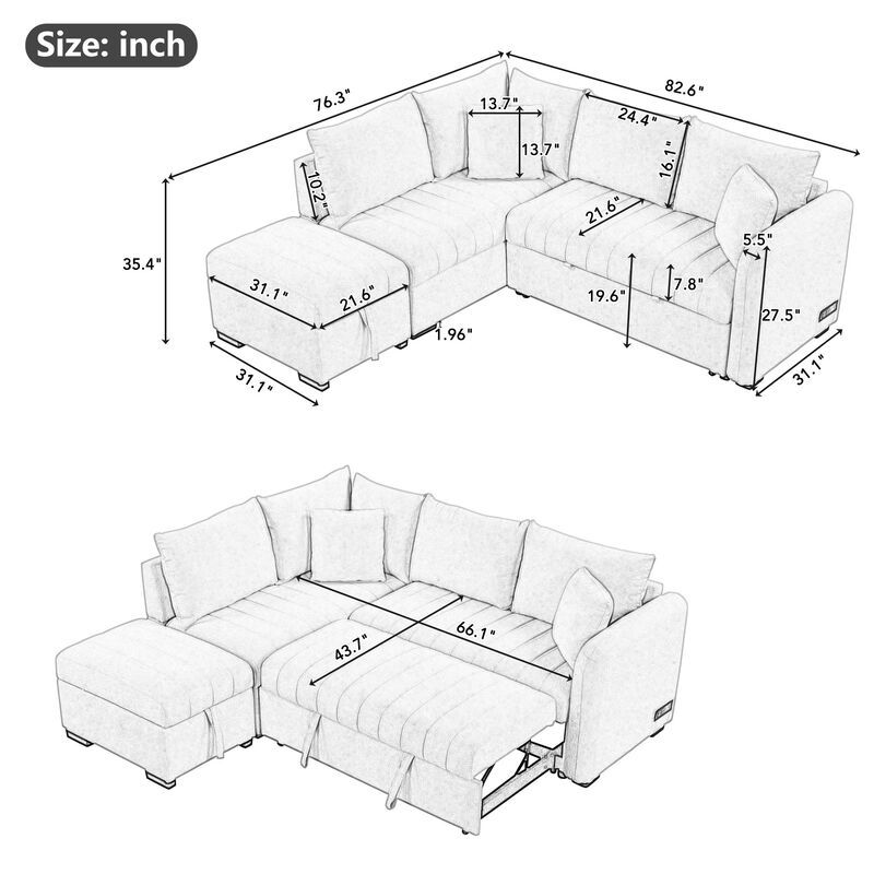 Merax L-shaped Sectional Pull Out Sofa Bed Sleeper Sofa with 2 USB Ports.