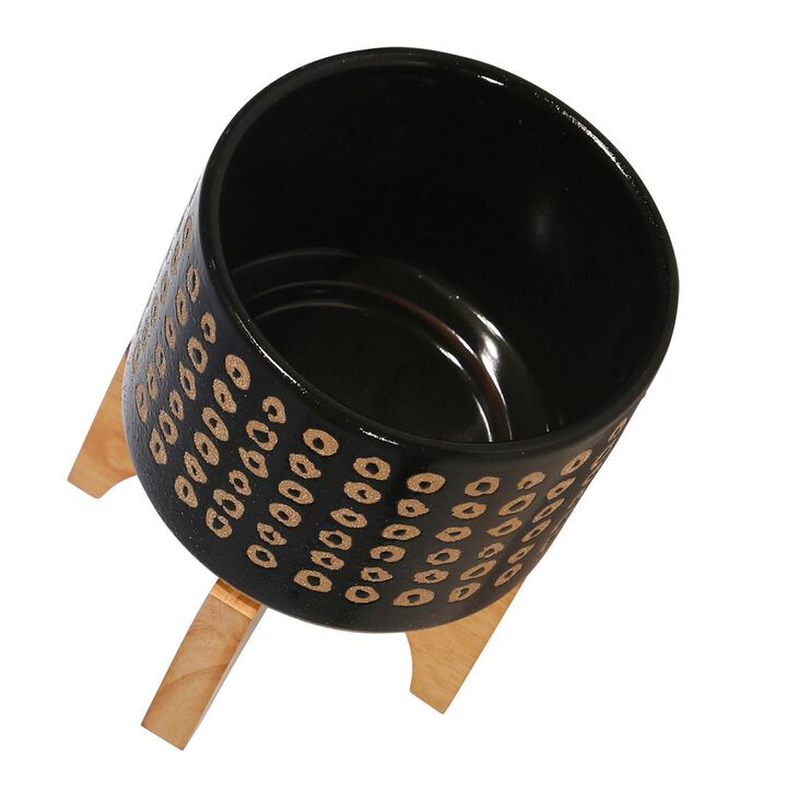 Planter with Wooden Stand and Abstract Design, Small, Black- Benzara
