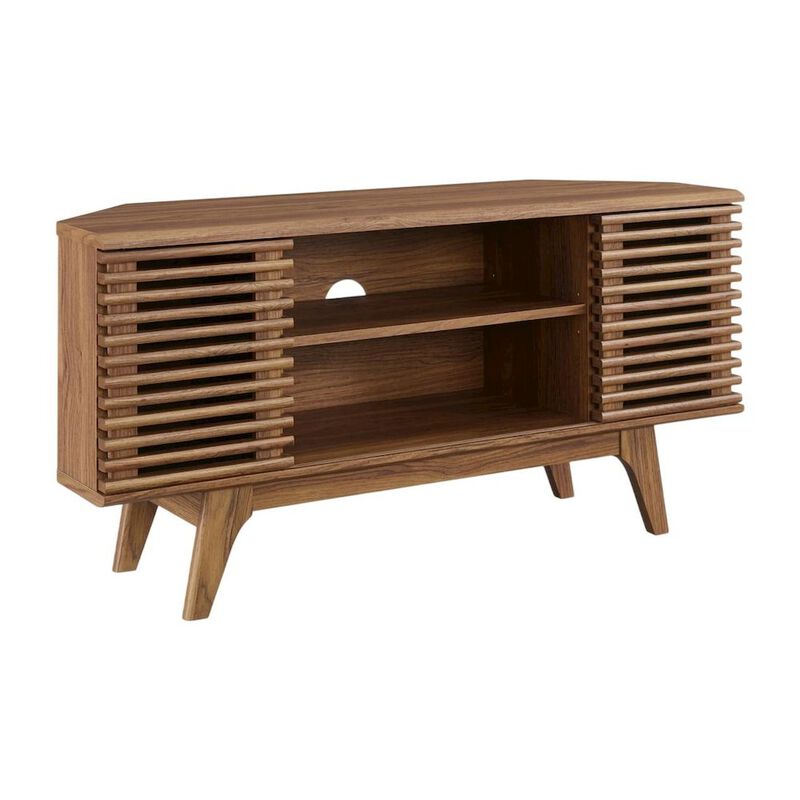 Brown wooden 46-inch corner TV stand with open shelving and versatile design image number 0