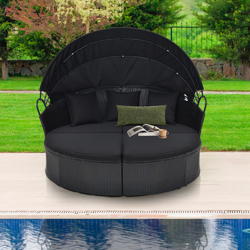 Clamshell Patio Round Daybed Wicker with Retractable Canopy and Pillows