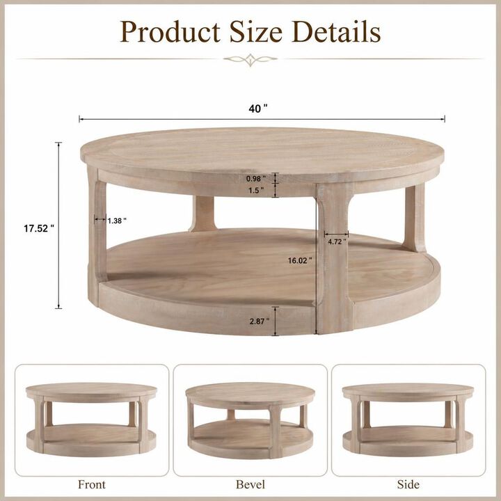 GOODSILO 40 Inch Large 2-Tier Round Wooden Center Coffee Table with Wheels, Rustic Style for Living Room Office Apartment