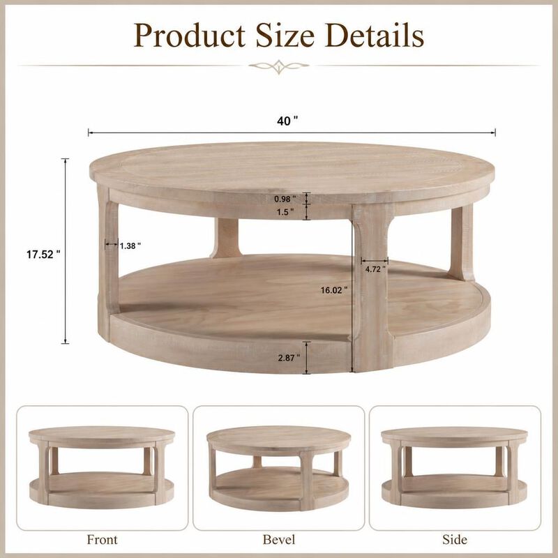 GOODSILO 40 Inch Large 2-Tier Round Wooden Center Coffee Table with Wheels, Rustic Style for Living Room Office Apartment image number 1