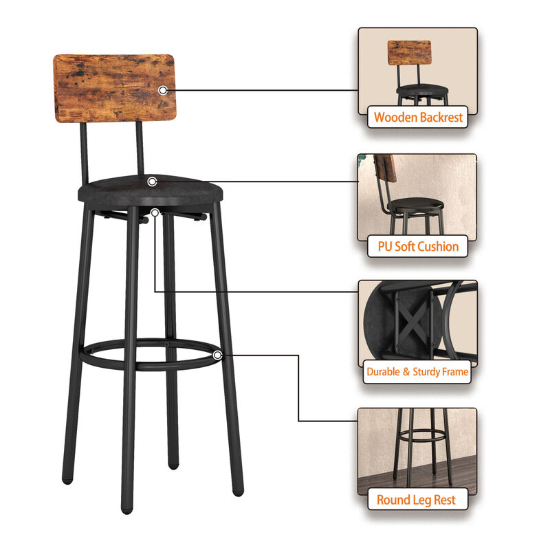 Bar Table Set with 2 Bar Stools PU Soft Seat with Backrest