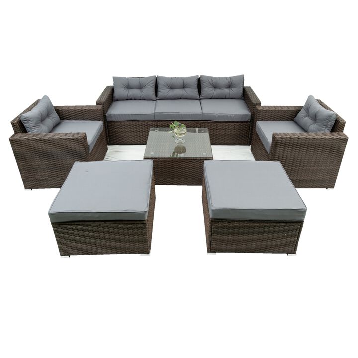 6 Piece Patio Rattan Wicker Outdoor Furniture Conversation Sofa Set with Removable Cushions and Temper glass Table Top