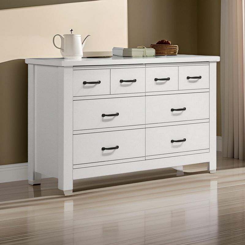 Jermy 51 Inch Wide Dresser, 6 Drawers, Black Handles, Crisp White Finish