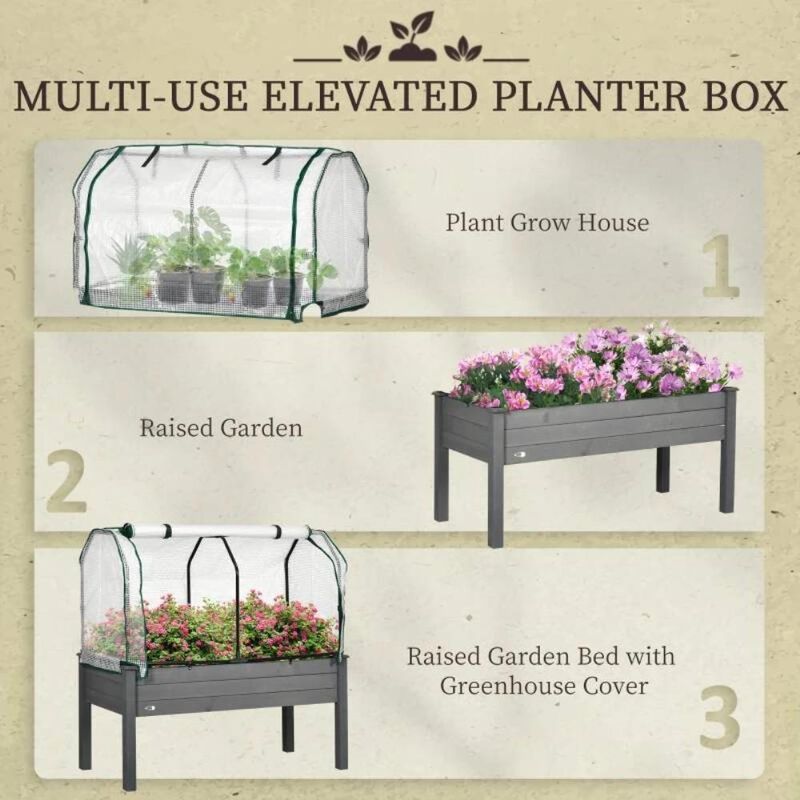 Hivvago Grey Wood Elevated Raised Garden Bed Planter with Greenhouse Cover