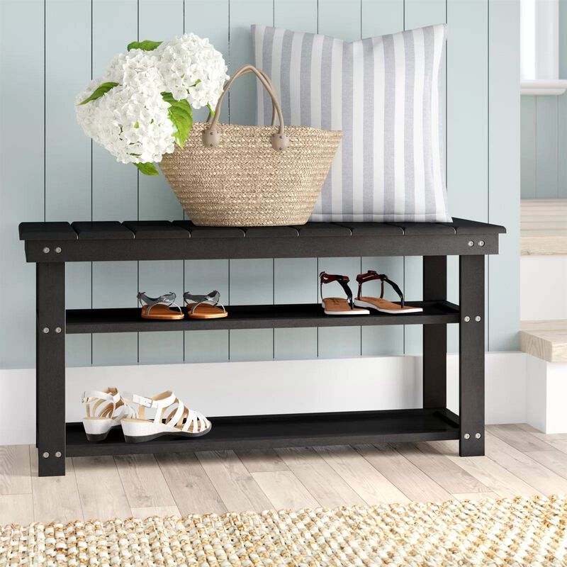 QuikFurn Black Wooden 2-Shelf Shoe Rack Storage Bench for Entryway or Closet