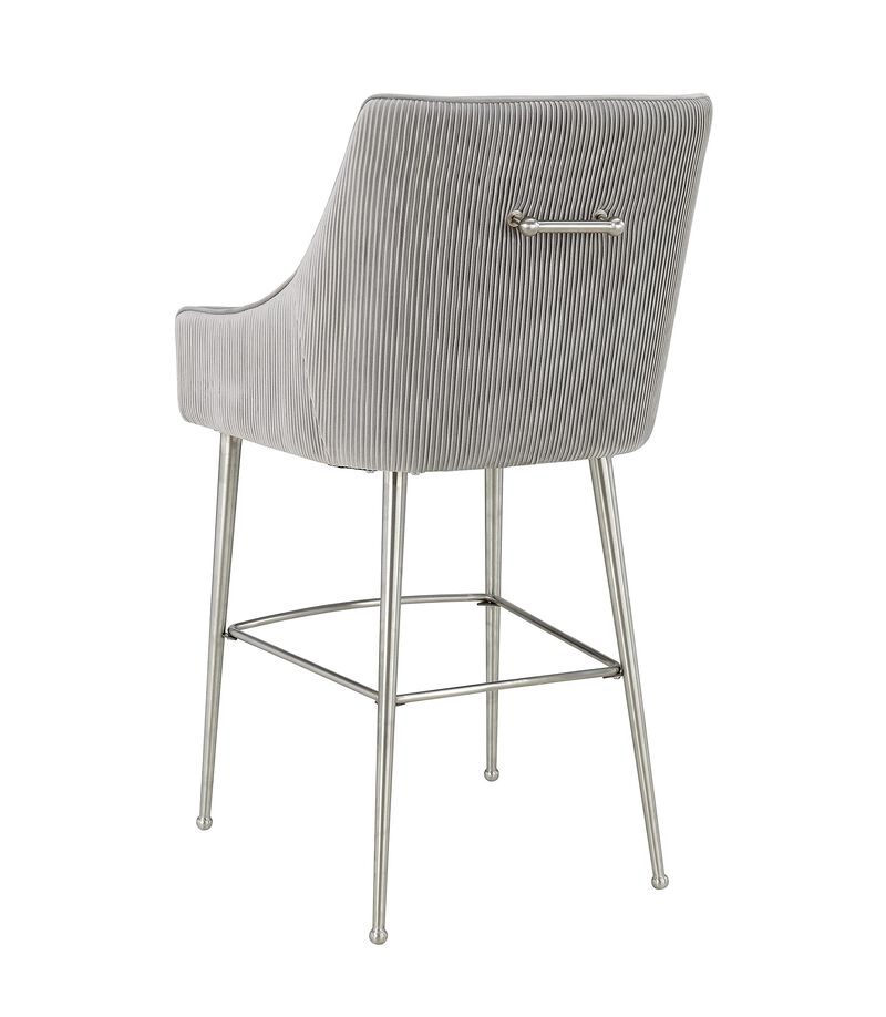 Tov Furniture Beatrix Pleated Velvet Upholstered Bar Stool with Silver Handle and Legs (Light Grey) image number 4
