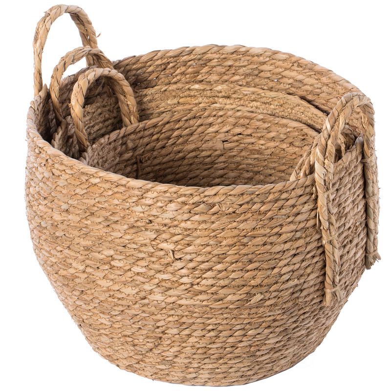 Decorative Round Wicker Woven Rope Storage Blanket Basket with Braided Handles - Set of 3